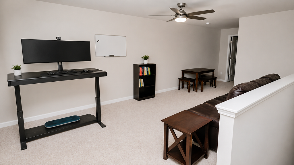 Upstairs bonus loft set up as a workspace with standing desk and lounge seating